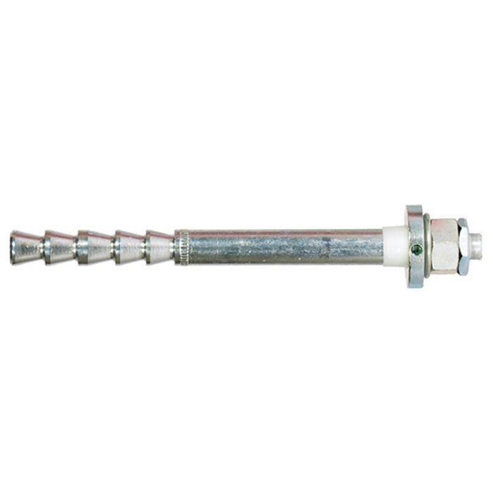 Ein Metallexpansionsbolzen mit Gewindewelle, kegelstutziger Hülse, Unterlegscheibe und Mutter auf weißem Hintergrund.