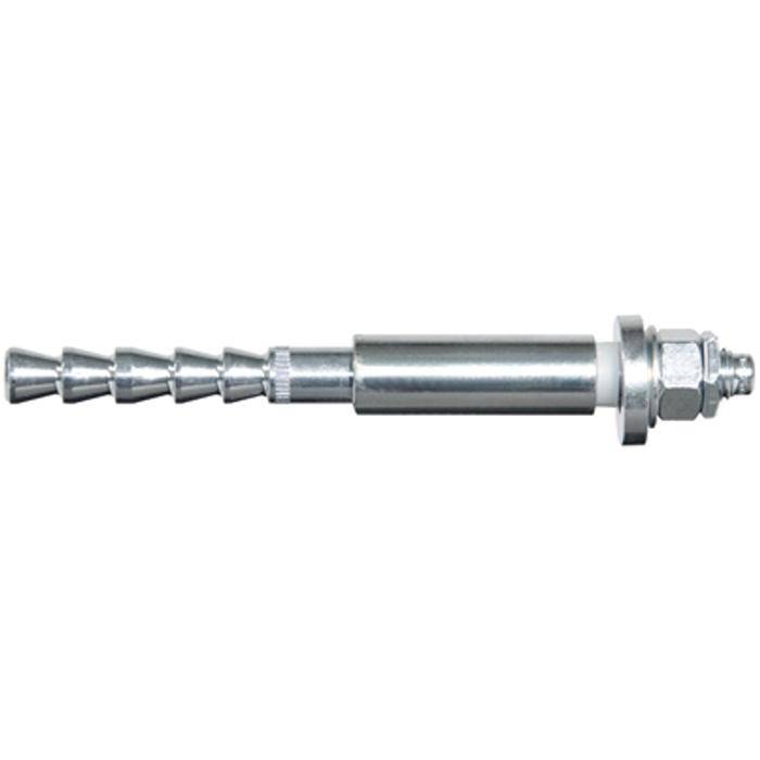 Metallexpansionsankerbolt mit konischer gerippter Hülse und Gewindelende auf weißem Hintergrund.