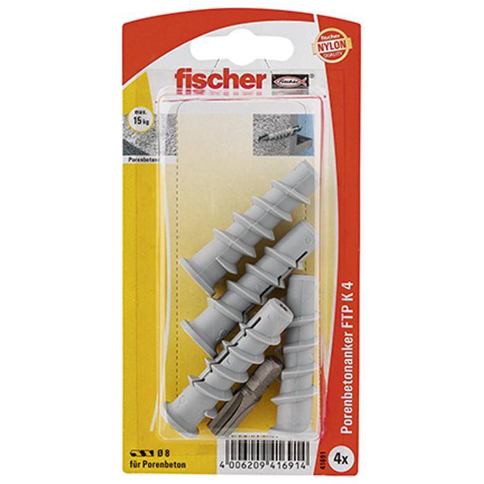 Paket Fischer Nylon-Betonveranker, zeigt vier graue Wanddübel für porösen Beton mit der Bezeichnung 