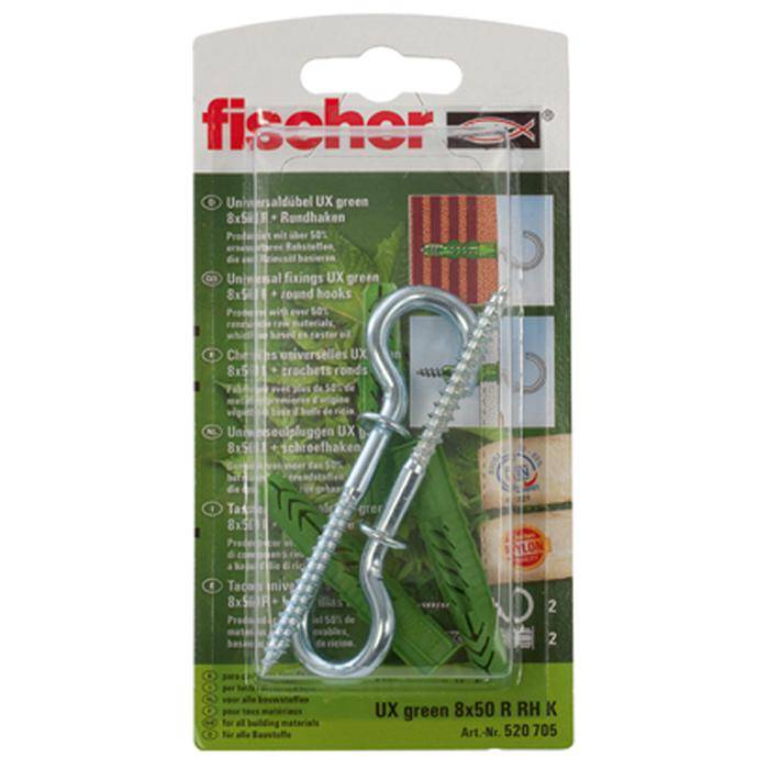 Universaldübel UX GREEN 10x60 R RH K - mit Rand und Rundhaken - SB-Karte
