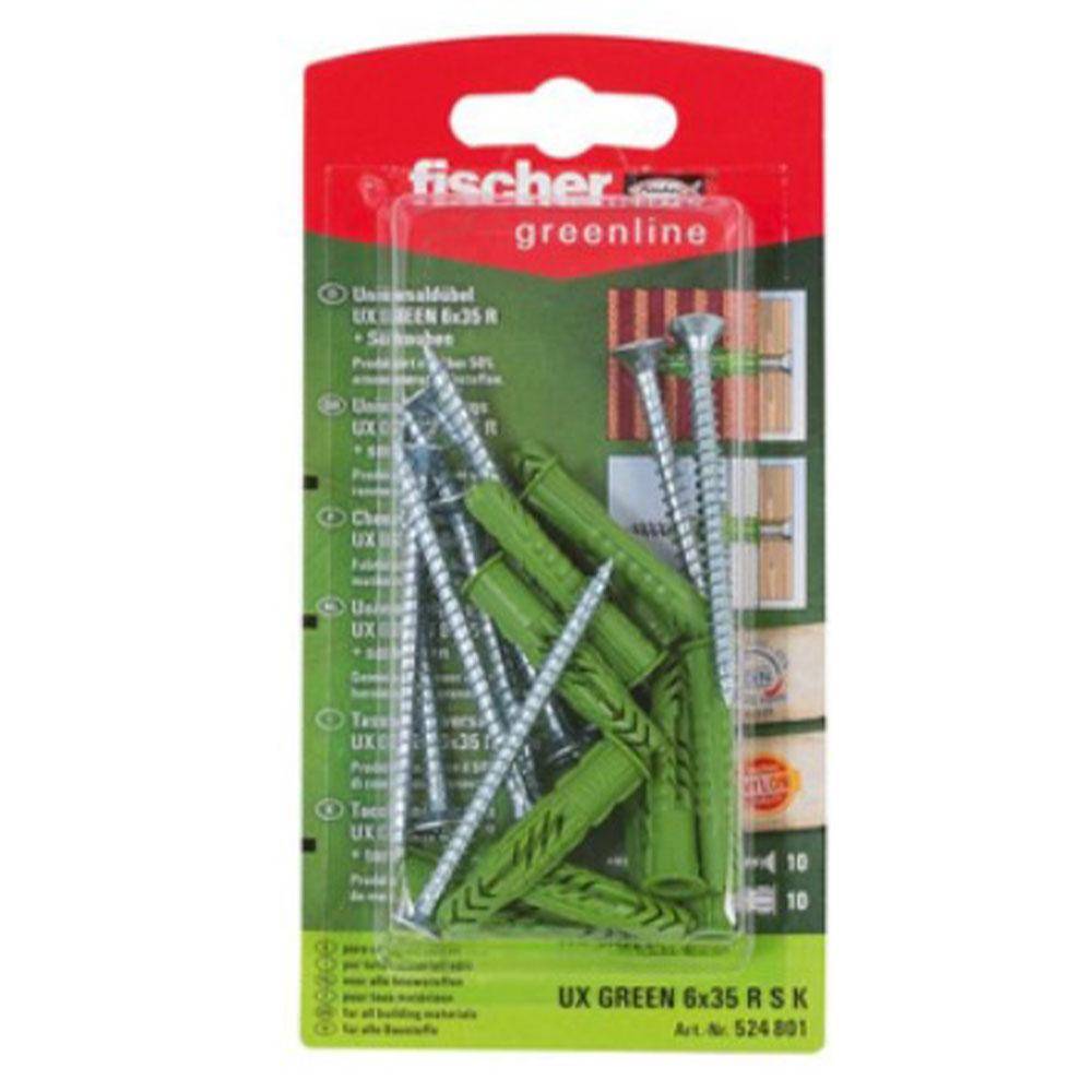 Universaldübel UX GREEN 6 x 35 R S K - mit Rand und Schraube - Bohrernenn-Ø 6 mm - Dübellänge 35 mm - SB-Karte - VE 5 Stück - Preis per VE