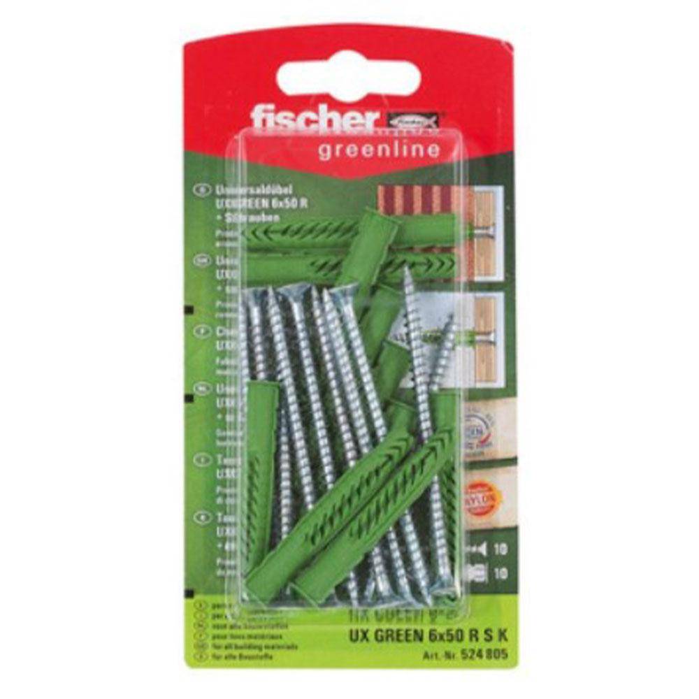 Universaldübel UX GREEN 6 x 50 R S K - mit Rand und Schraube - Bohrernenn-Ø 6 mm - Dübellänge 35 mm - SB-Karte - VE 5 Stück - Preis per VE