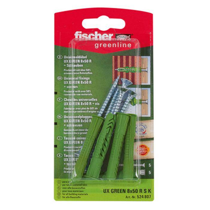 Universaldübel UX GREEN 8 x 50 R S K - mit Rand und Schraube - SB-Karte