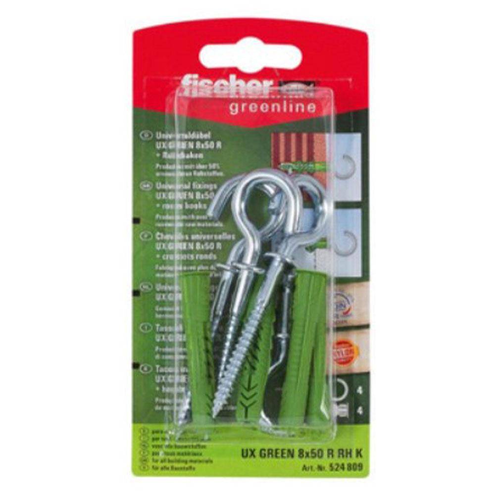 Universaldübel UX GREEN 8x50 R RH K - mit Rand und Rundhaken - Bohrernenn-Ø 8 mm - Dübellänge 50 mm - SB-Karte - VE 5 Stück - Preis per VE