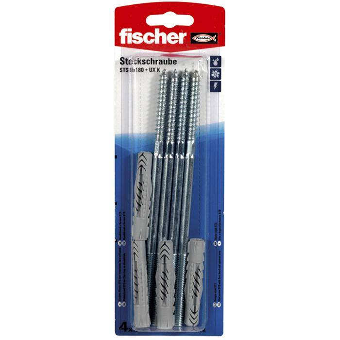 Packung Fischer Markenwandstöpsel und Schrauben, gekennzeichnet mit „Stockschraube STS 8x180 + UX 8