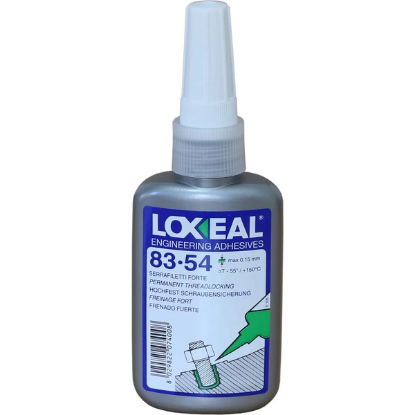 Schraubensicherung - "Loxeal 83-54" - max. Spalt 0,15mm - Gewindeverbindungen - M 20 - hochfest - Farbe: grün (Fluoreszierend bei Blaulicht) Schraubensicherung - "Loxeal 83-54" - max. Spalt 0,15mm - Gewindeverbindungen - M 20 - hochfest - Farbe: grün (Fluoreszierend bei Blaulicht)