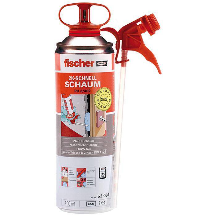 2K-Schnellschaum 400 ml PU 2 - Schaumausbeute 13 l - Klebfrei nach ca. 6 Min. - Schneidbar nach ca. 10 Min. - VE 12 Stück - Preis per VE