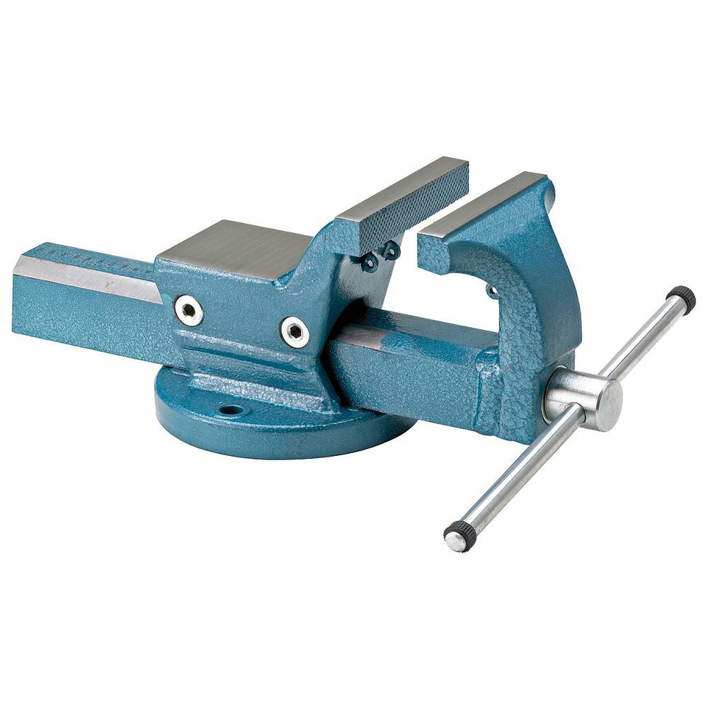 Eine blaue Metallschraubstock mit verstellbarem Backen und einer drehbaren Basis, die zum Befestigen von Gegenständen bei Holz- oder Metallarbeiten verwendet wird.