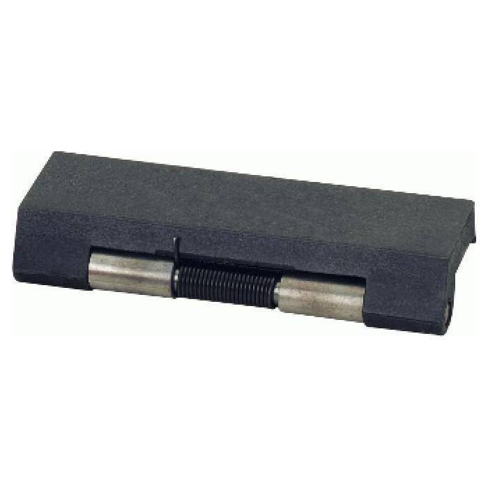 Schwarze rechteckige elektronische Komponente mit einem zentralen federbelasteten Metallstecker auf weißem Hintergrund.
