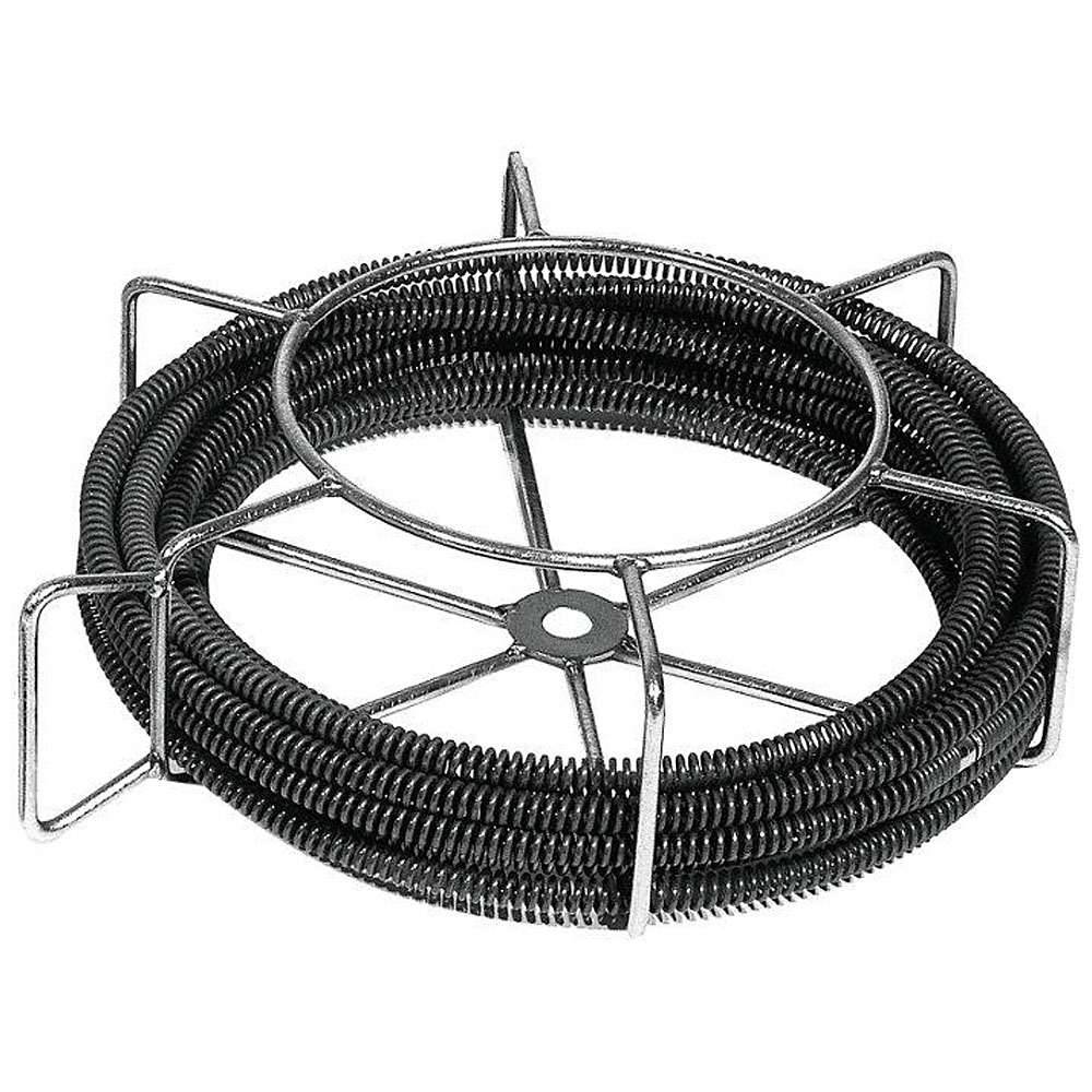 Eine aufgerollte Metallrohrraupe mit einem Stützrahmen, die zum Freimachen verstopfter Rohre verwendet wird.