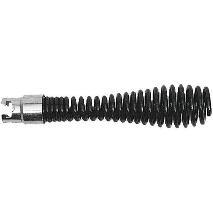 Schwarze aufgerollte Rohrreinigungsspirale mit einer Metallspitze, dargestellt auf weißem Hintergrund.