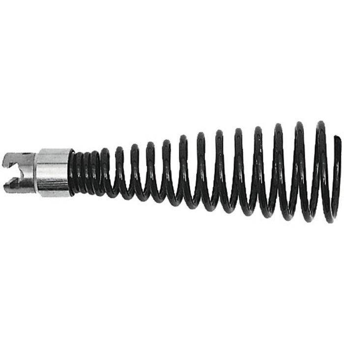 Nahaufnahme einer Rohrreinigungsspirale aus Metall mit einem aufgerollten Federkabel und gegabelter Spitze auf weißem Hintergrund.
