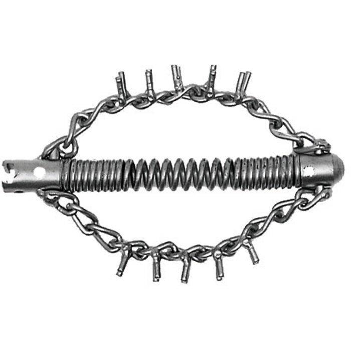 Metallbürste mit einer gewundenen Mitte und einer Kette von Bürste Borsten um sie herum, auf einem einfachen weißen Hintergrund gezeigt.