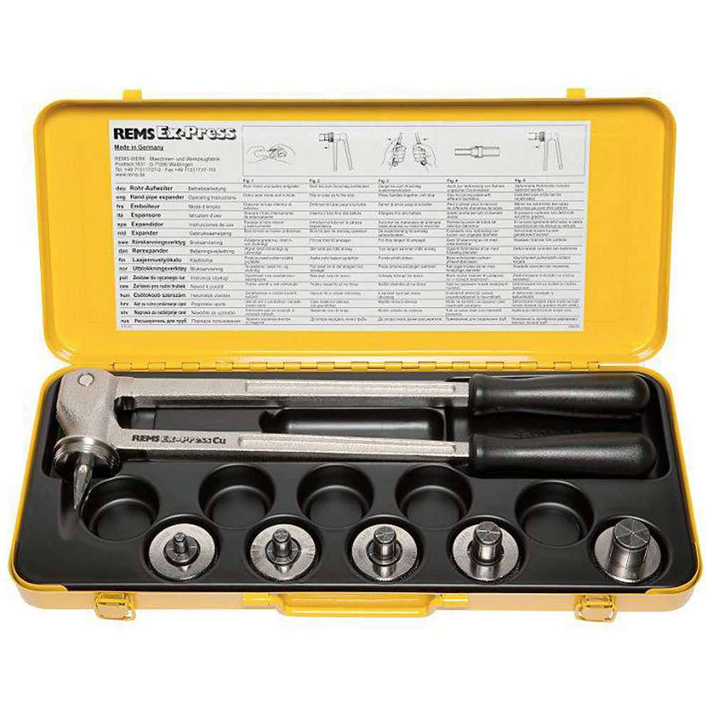 Offener gelber Koffer mit einem REMS Ex-Press Handwerkzeug mit schwarzem Griff und mehreren austauschbaren Metallstanzköpfen, die in einem geformten Tablett angeordnet sind.