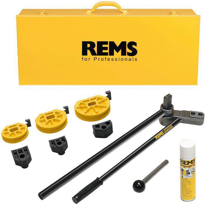 REMS Professionelles Werkzeugset in gelbem Koffer mit Griff, darunter schwarze Metallstangen, Adapter und Schmierspray angeordnet.