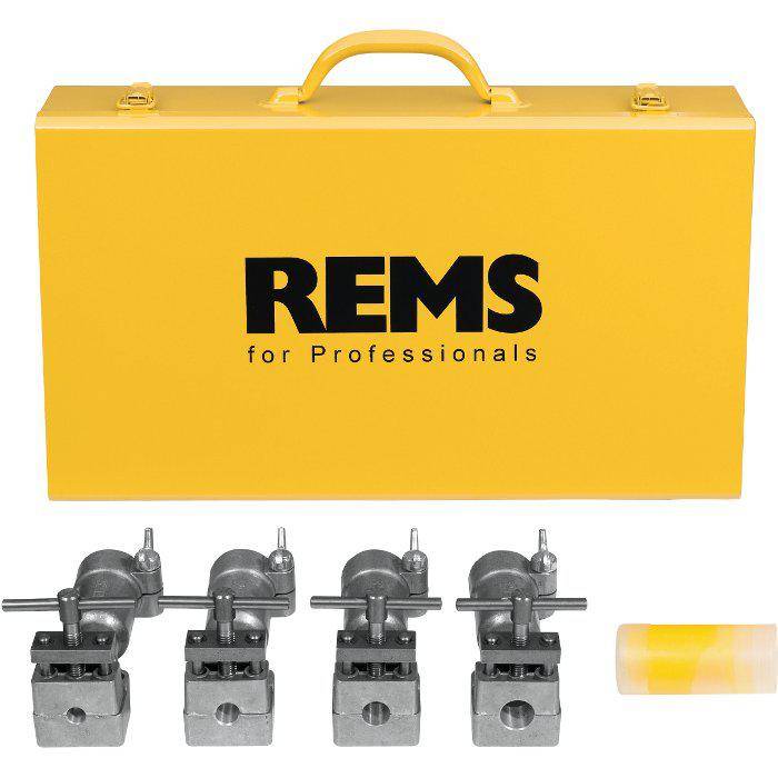 Gelbes REMS-Werkzeugkoffer mit der Aufschrift „REMS für Profis