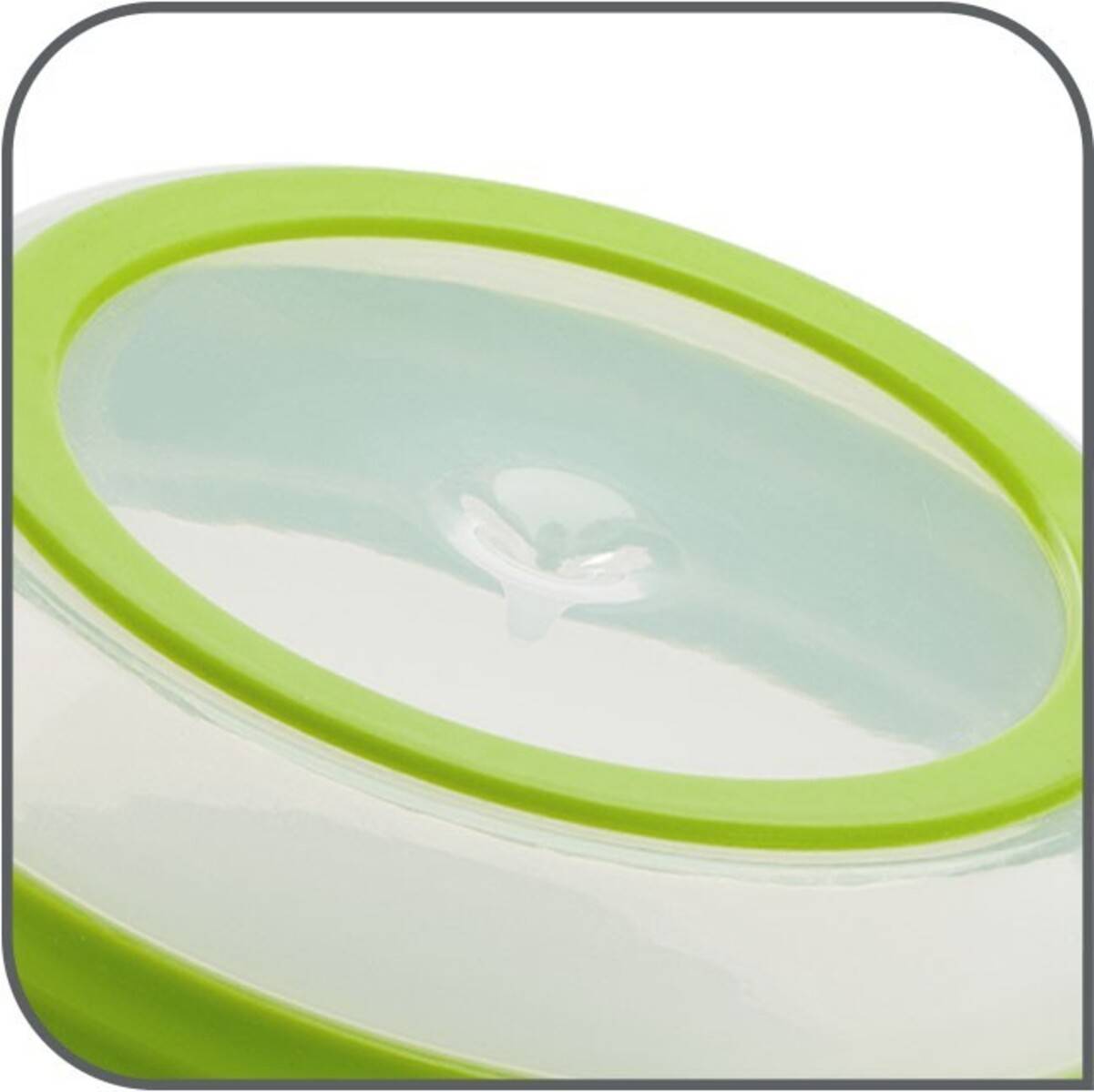 Eine Nahaufnahme eines grünen und transparenten luftdichten Deckels mit kreisförmiger Form, der zum Verschließen von Behältern verwendet wird.