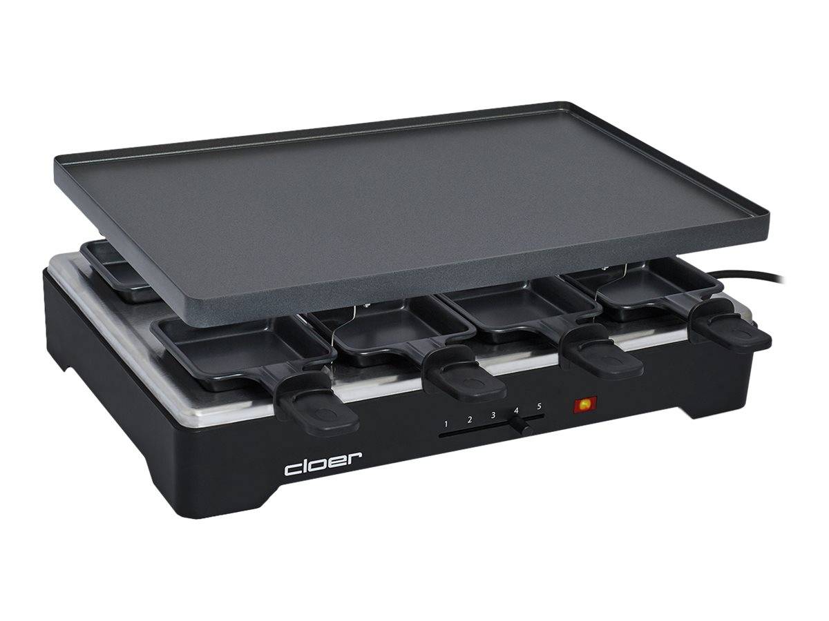 Elektrischer Raclette-Grill mit mehreren Kochschalen unter einer flachen, beheizten Oberfläche.