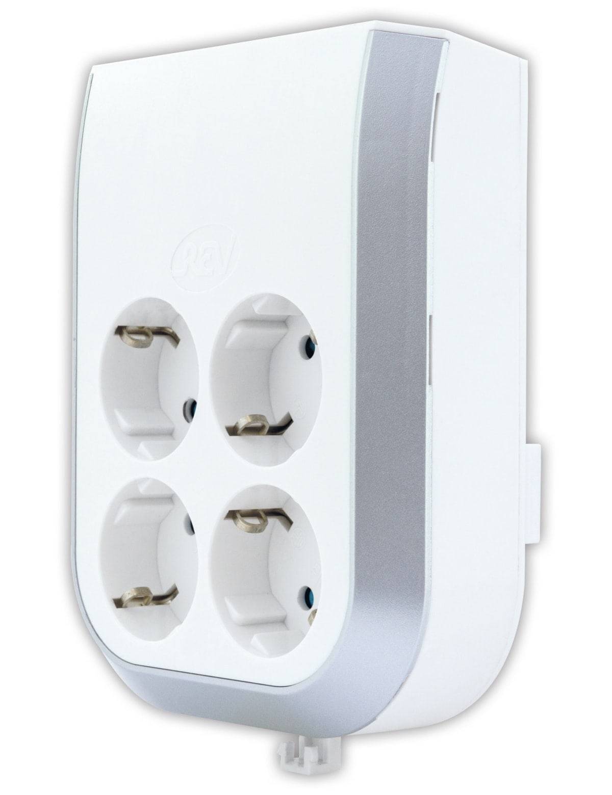 Ein weißer, wandmontierter Steckdosenverteiler mit vier Steckdosen, konzipiert für europäische Stecker, verfügt über eine elegante silberne Kante.