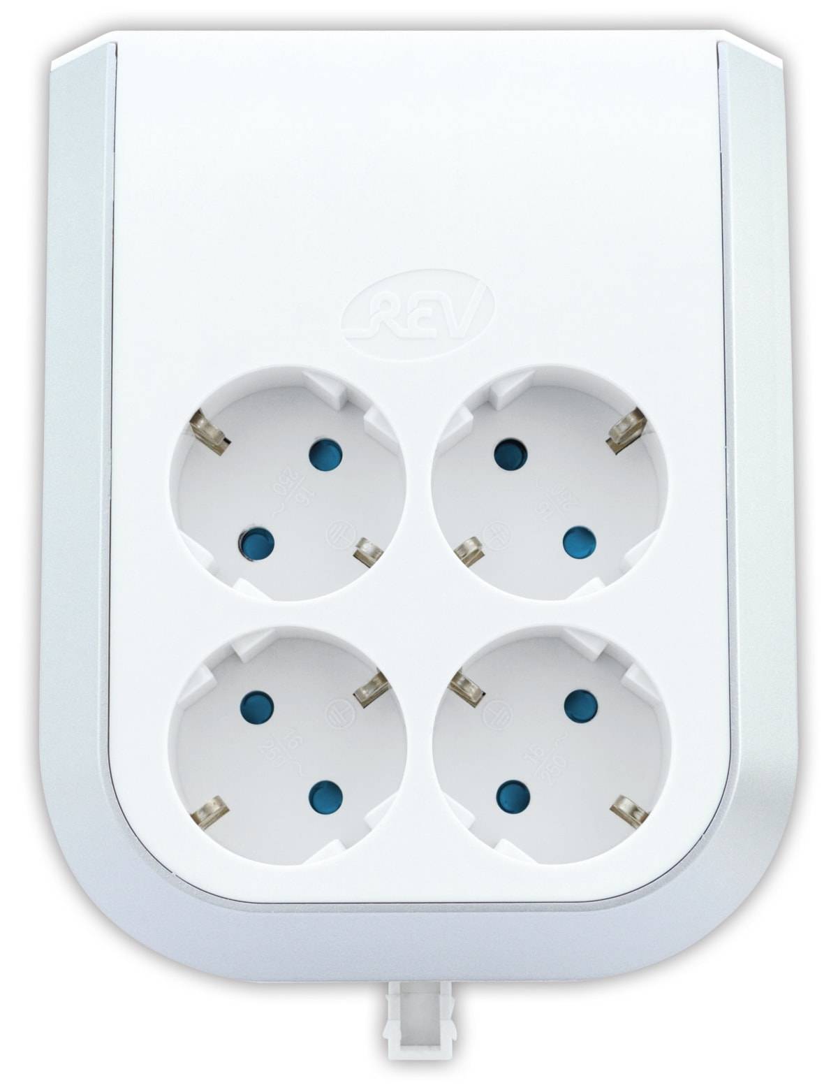 Eine weiße Steckdosenleiste mit vier runden Steckdosen, die für europäische Stecker konzipiert ist, von oben betrachtet.