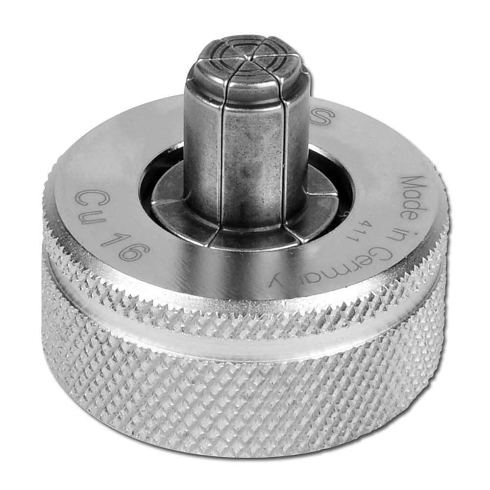 Ein rundes Metallrohrschneider-Werkzeug mit strukturiertem Griff und sichtbarem Schneiderad, auf der Seite mit „Cu 16