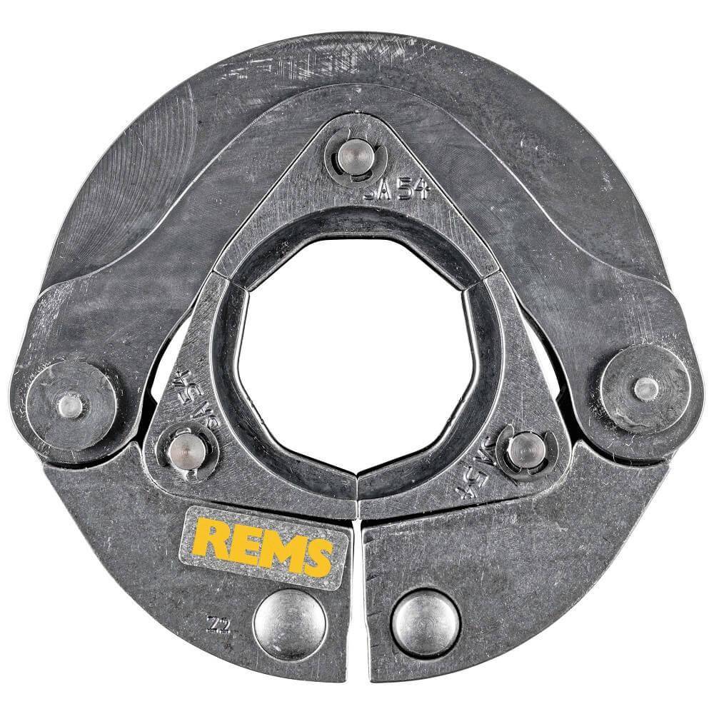 Eine Nahaufnahme eines kreisförmigen REMS-Metallwerkzeugkopfes mit einer zentralen sechseckigen Öffnung und mehreren Drehpunkten, gezeigt auf weißem Hintergrund.