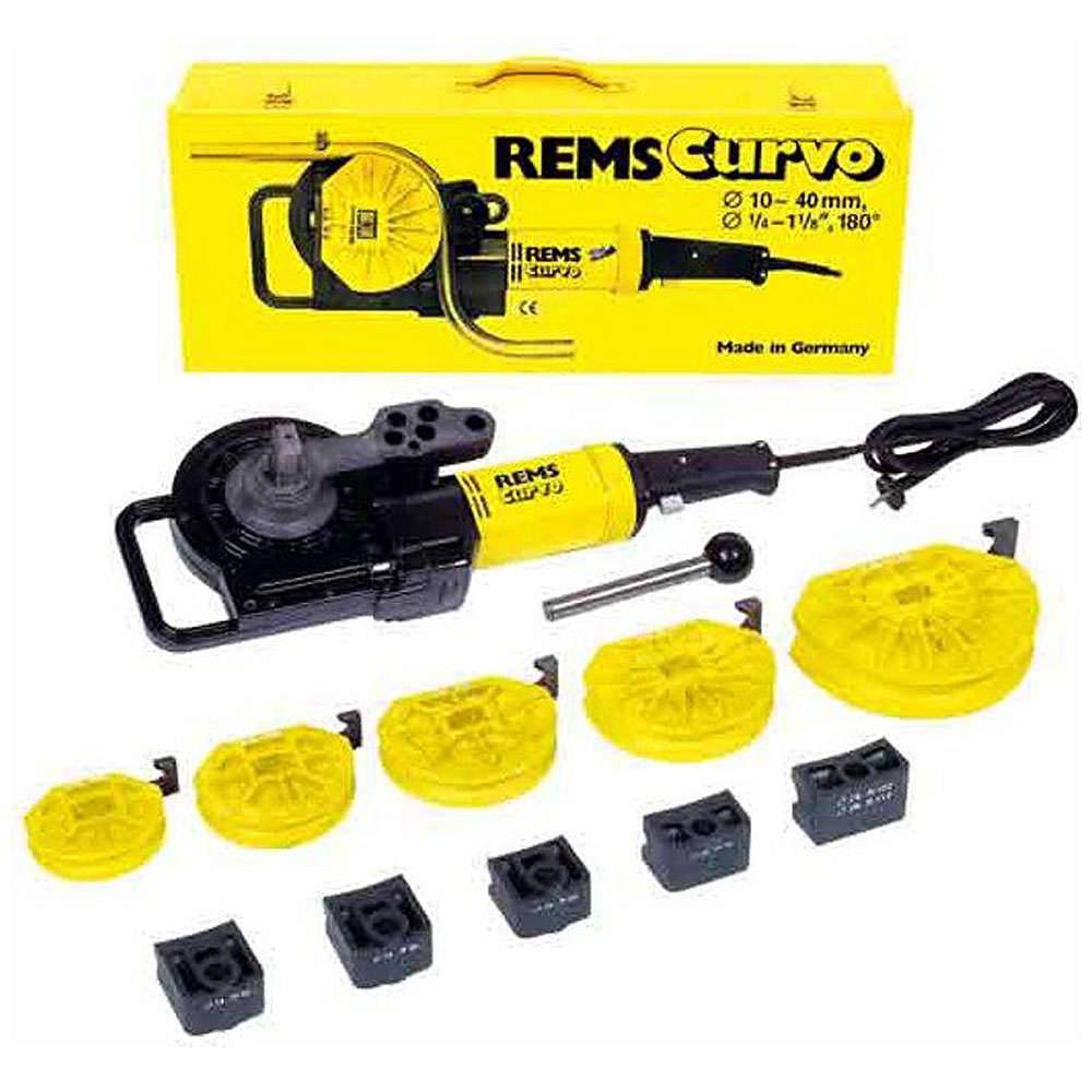 Rems Curvo Rohrbiegemaschinen-Set mit Transportkoffer, elektrische Biegemaschine, Kabel und mehrere gelbe und schwarze Biegewerkzeuge und Adapter.