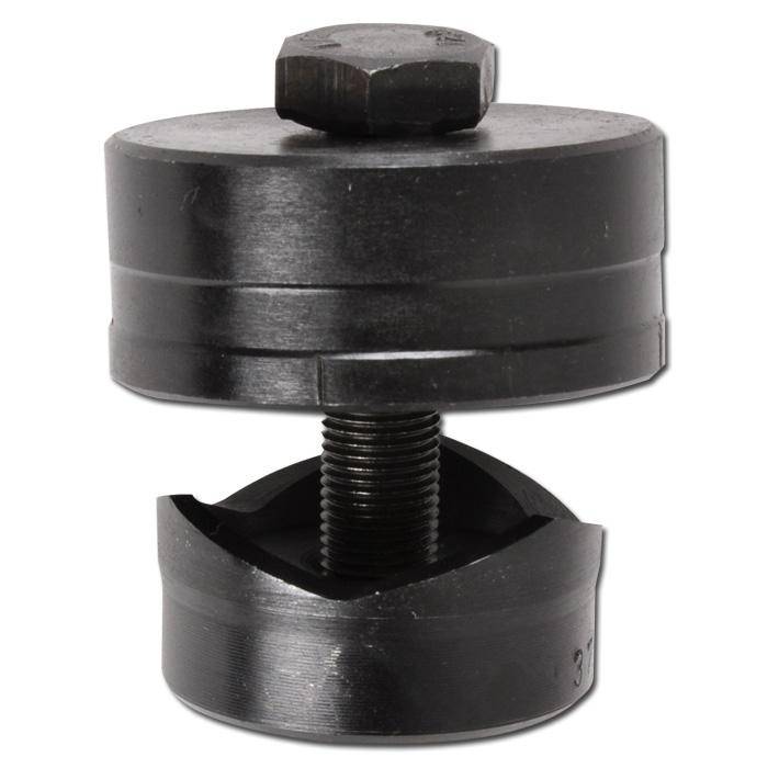 Schwarzes Metall-Hydraulik-Abschlagwerkzeug mit Gewindebolt, auf weißem Hintergrund in zwei Teile zerlegt dargestellt.