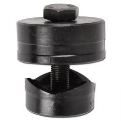 Ein schwarzes Metallwerkzeug zum Ausschlag mit einem Bolzen oben und einer Gewindeschraube in der Mitte, das zum Erstellen präziser Löcher in Materialien verwendet wird.