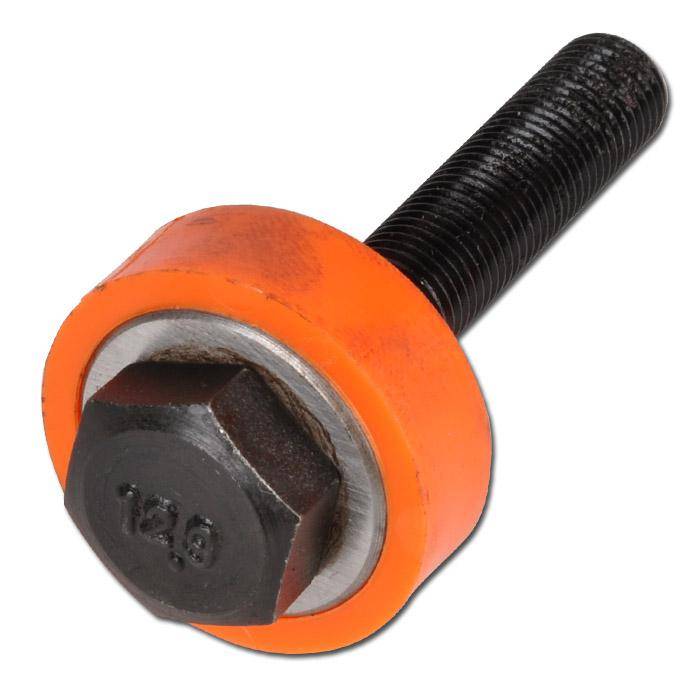 Nahaufnahme einer schwarzen Sechskantschraube mit einer orangefarbenen Unterlegscheibe und einem Metallring auf weißem Hintergrund.
