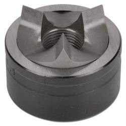 Ein metallisches Objekt, das einem zylindrischen Werkzeug ähnelt, mit einer sternförmigen Nut und einem zentralen Gewindeloch auf seiner Oberseite.