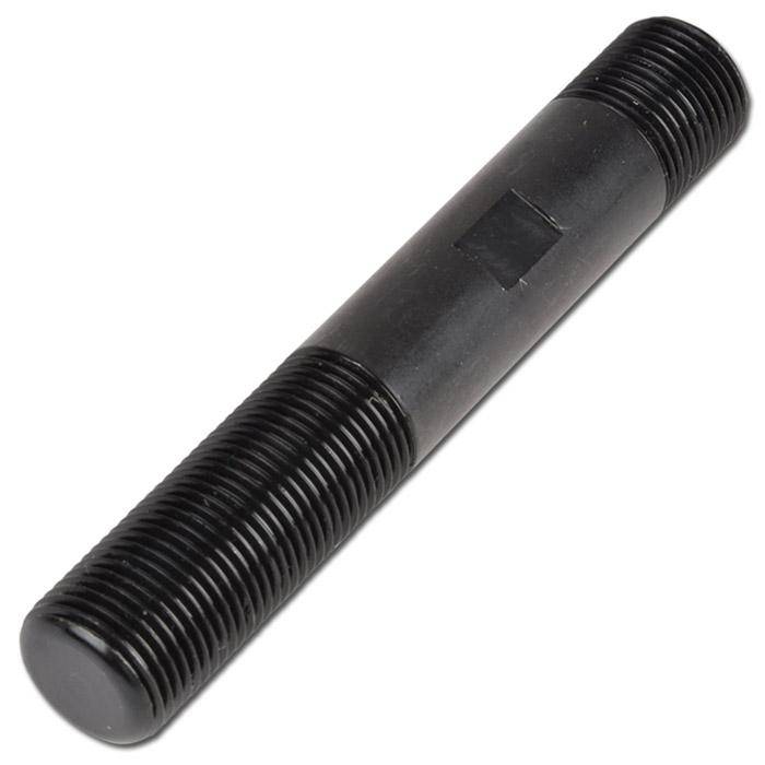 Schwarzer Gewindestift oder Bolzen aus Metall mit Gewinde an beiden Enden, dargestellt auf weißem Hintergrund.