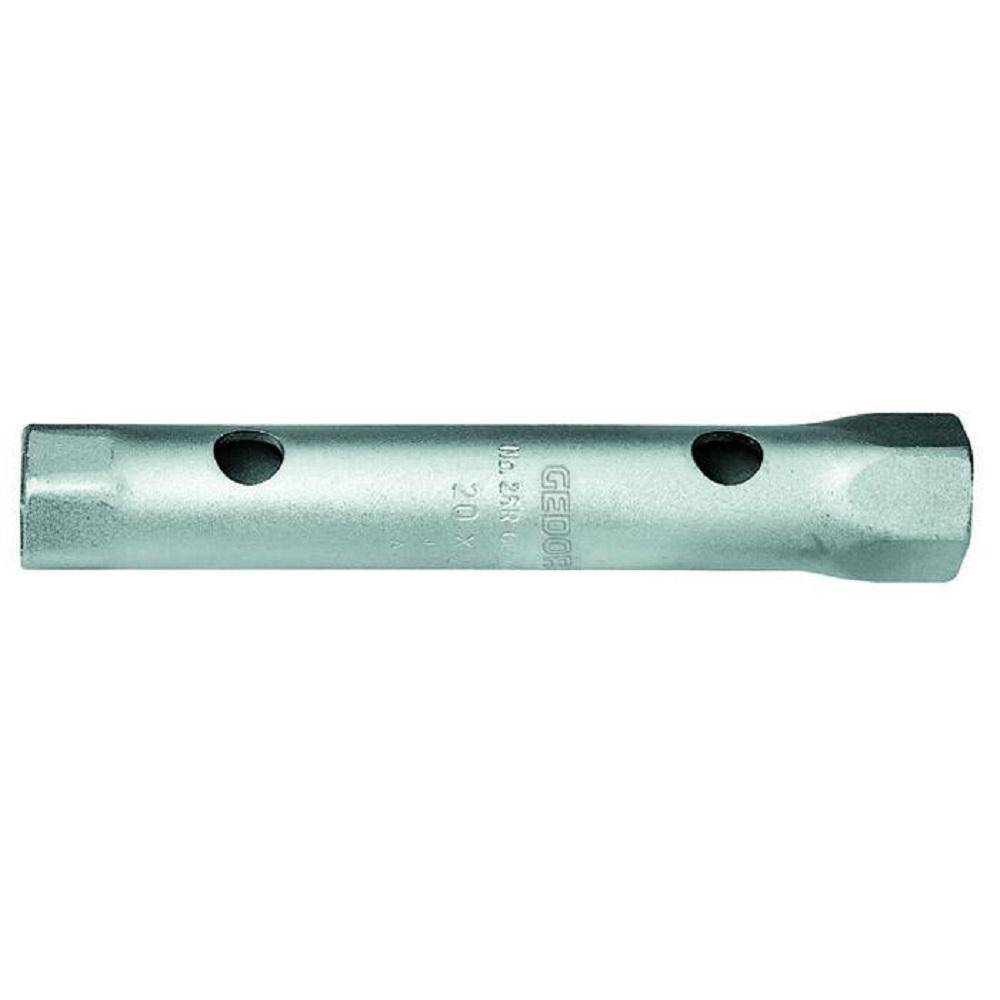 Metallischer zylindrischer Steckdosenadapter mit zwei seitlichen Löchern und abgeflachtem Ende, gezeigt auf weißem Hintergrund.