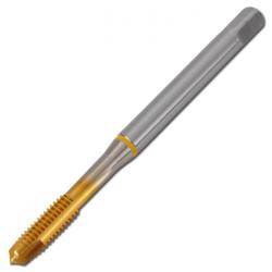 Ein Metallanschneidewerkzeug mit zylindrischem Schaft und gewindelschneidenem Schneidende, mit einem goldfarbenen Bereich in der Nähe der Schneidekante zum Gewinden von Löchern.