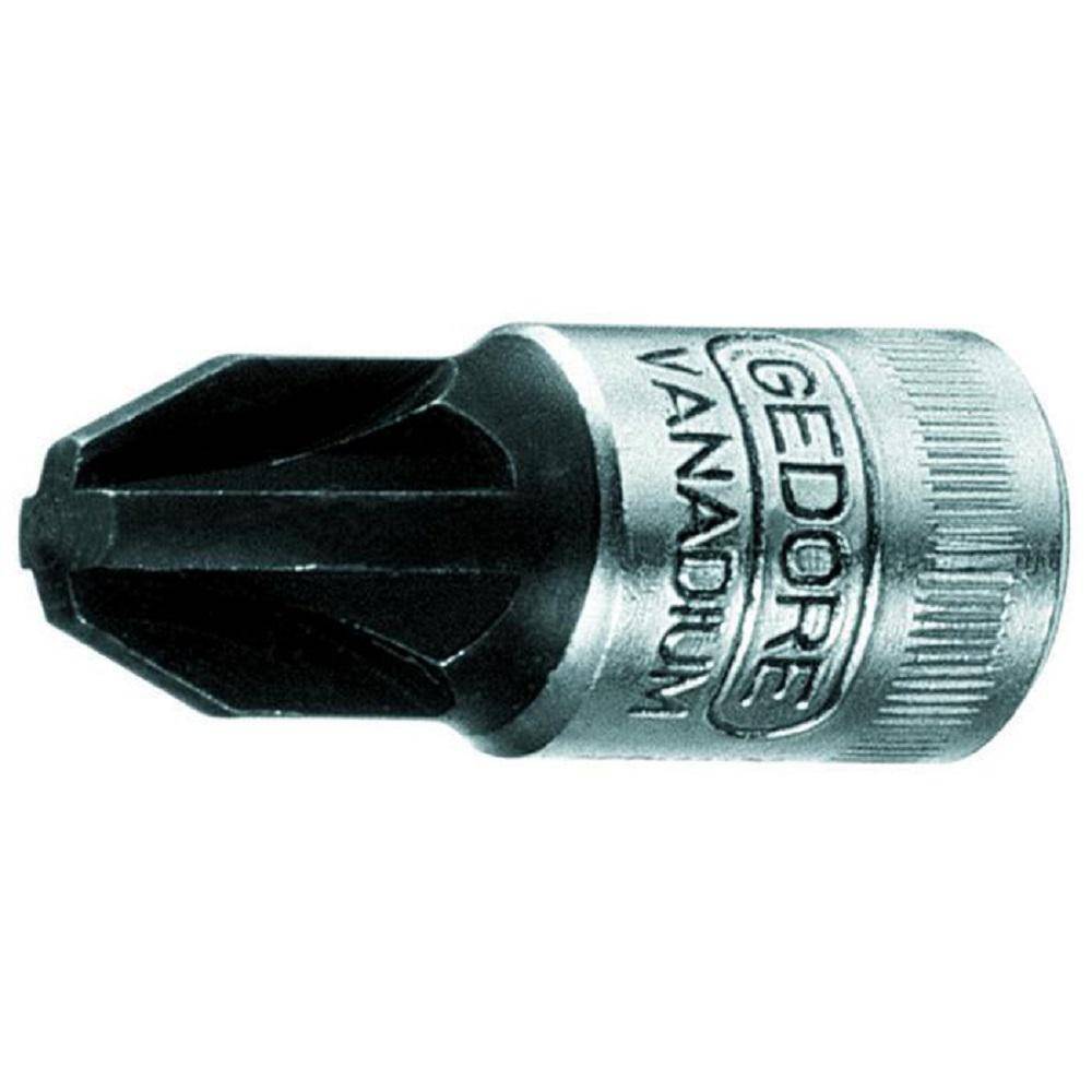 Nahaufnahme eines Gedoré Vanadium-Schraubendreherbits mit schwarzer Phillips-Spitze und silbernem Metallschaft auf weißem Hintergrund.