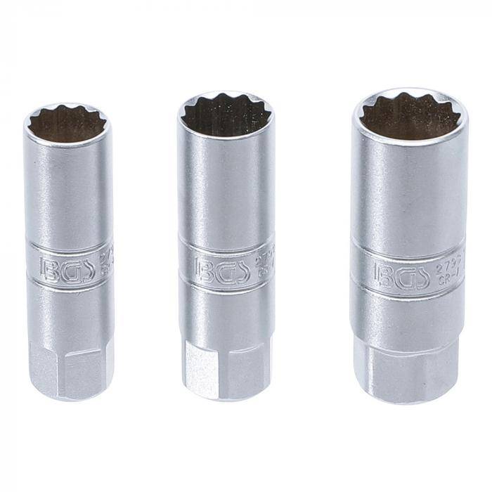 Zündkerzen-Einsatz-Satz Zwölfkant - 3-teilig - Antrieb Innenvierkant 10 mm (3/8 ") - Schlüsselweite 14 - 16 - 18 mm