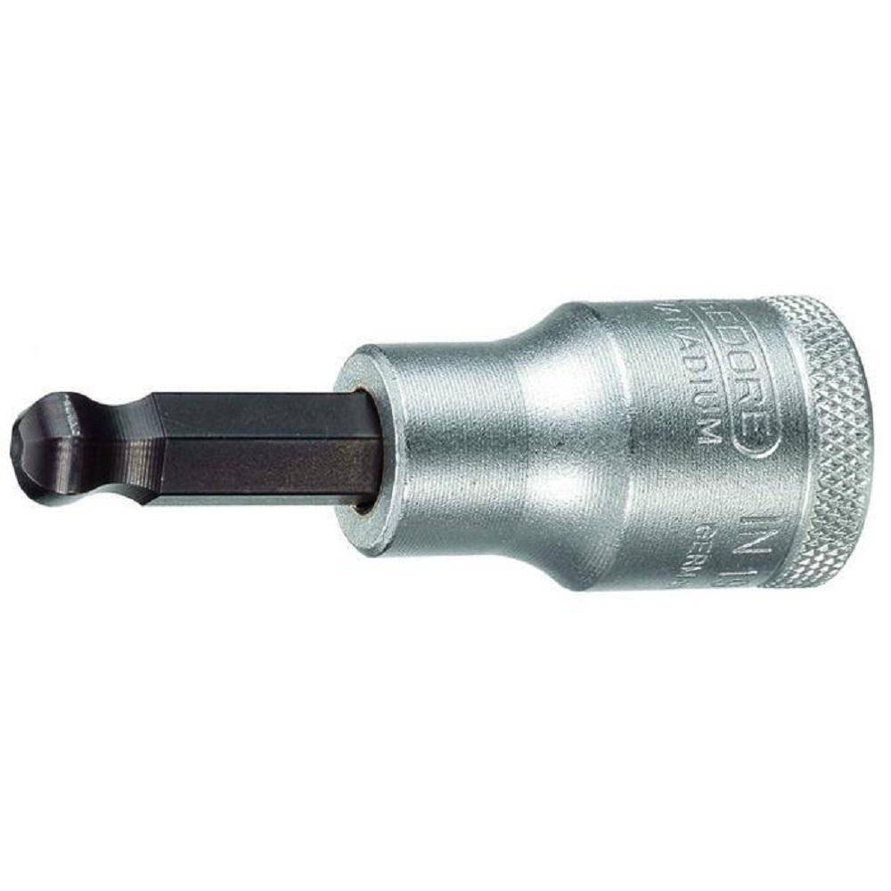 Nahaufnahme eines Metallsteckadapters mit schwarzem Sechskant-Bit-Einsatz, der zum Antreiben von Schrauben mit einem Ratschenschlüssel oder einer Bohrmaschine verwendet wird.