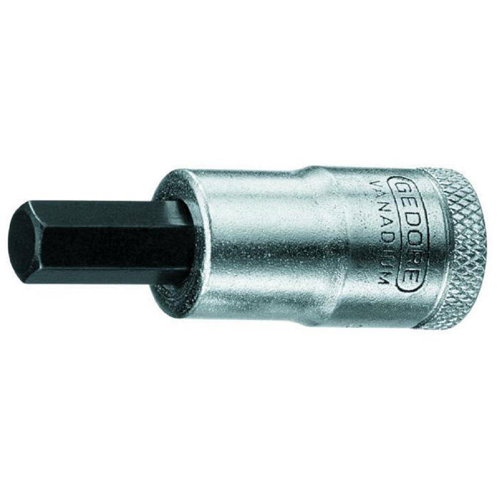 Ein Metallsteckschlüssel-Aufsatz mit schwarzem Sechskantschaft und silbernem zylindrischem Körper auf einem einfachen weißen Hintergrund.