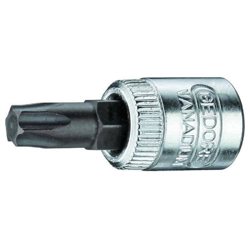 Nahaufnahme eines schwarzen Torx-Steckschlüssels, der an einem silbernen Gedore-Vanadium-Metallschraubendrehereinsatz befestigt ist.