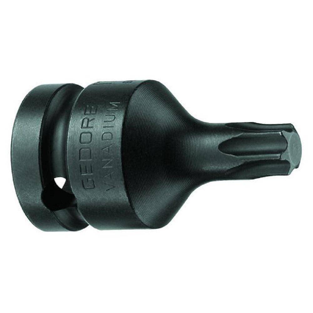 Schwarzer Gedore VDE isolierter Schraubendreher-Bit-Steckschlüssel mit Torx-Stil-Ende, auf weißem Hintergrund abgebildet.