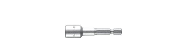 Ein Metall-Schraubendreher-Bitadapter oder eine Verlängerung, horizontal auf weißem Hintergrund dargestellt.