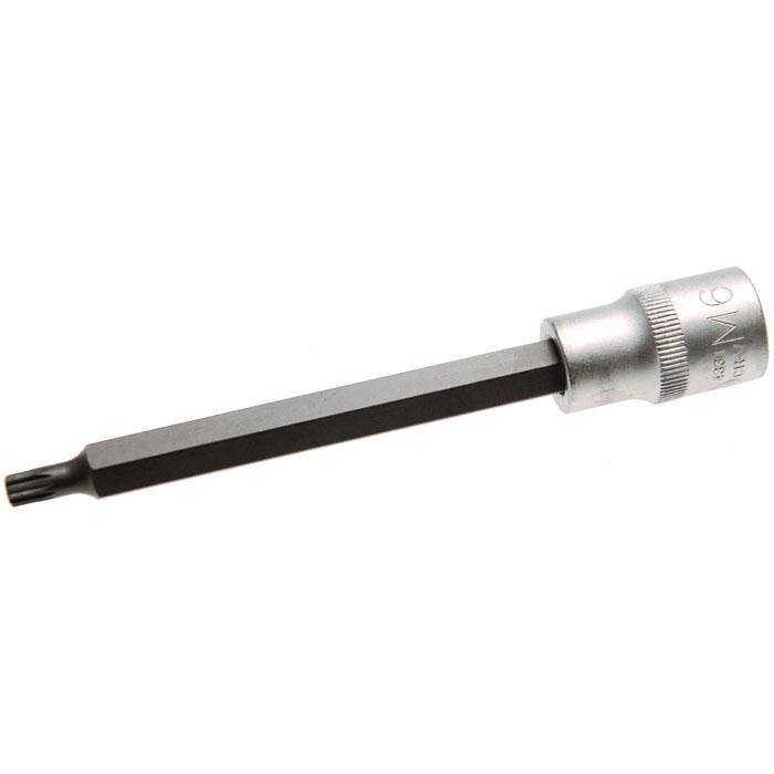 Bit-Einsätze - Innenvielzahn - M6x140 mm - 1/2" Antrieb - CV-Stahl - matt verchromt - kordiert - gerändelt
