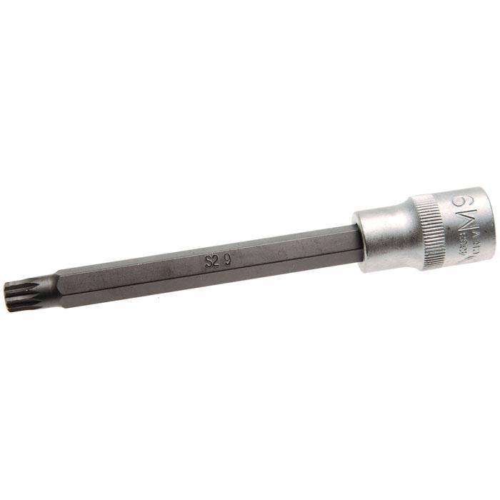 Bit-Einsätze - Innenvielzahn - M9x140 mm - 1/2" Antrieb - CV-Stahl - matt verchromt - kordiert - gerändelt