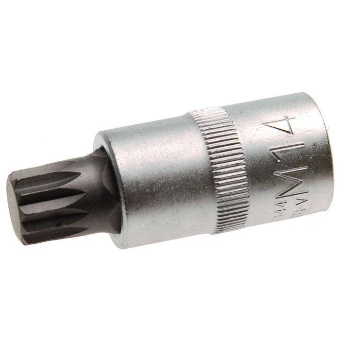 Bit-Einsätze - Innenvielzahn - M14x55 mm - 1/2" Antrieb - CV-Stahl - matt verchromt - kordiert - gerändelt