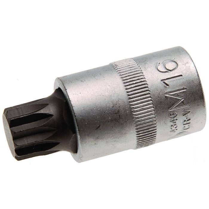 Bit-Einsätze - Innenvielzahn - M16x55 mm - 1/2" Antrieb - CV-Stahl - matt verchromt - kordiert - gerändelt
