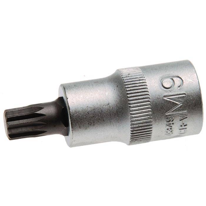 Bit-Einsätze - Innenvielzahn - M9x55 mm - 1/2" Antrieb - CV-Stahl - matt verchromt - kordiert - gerändelt