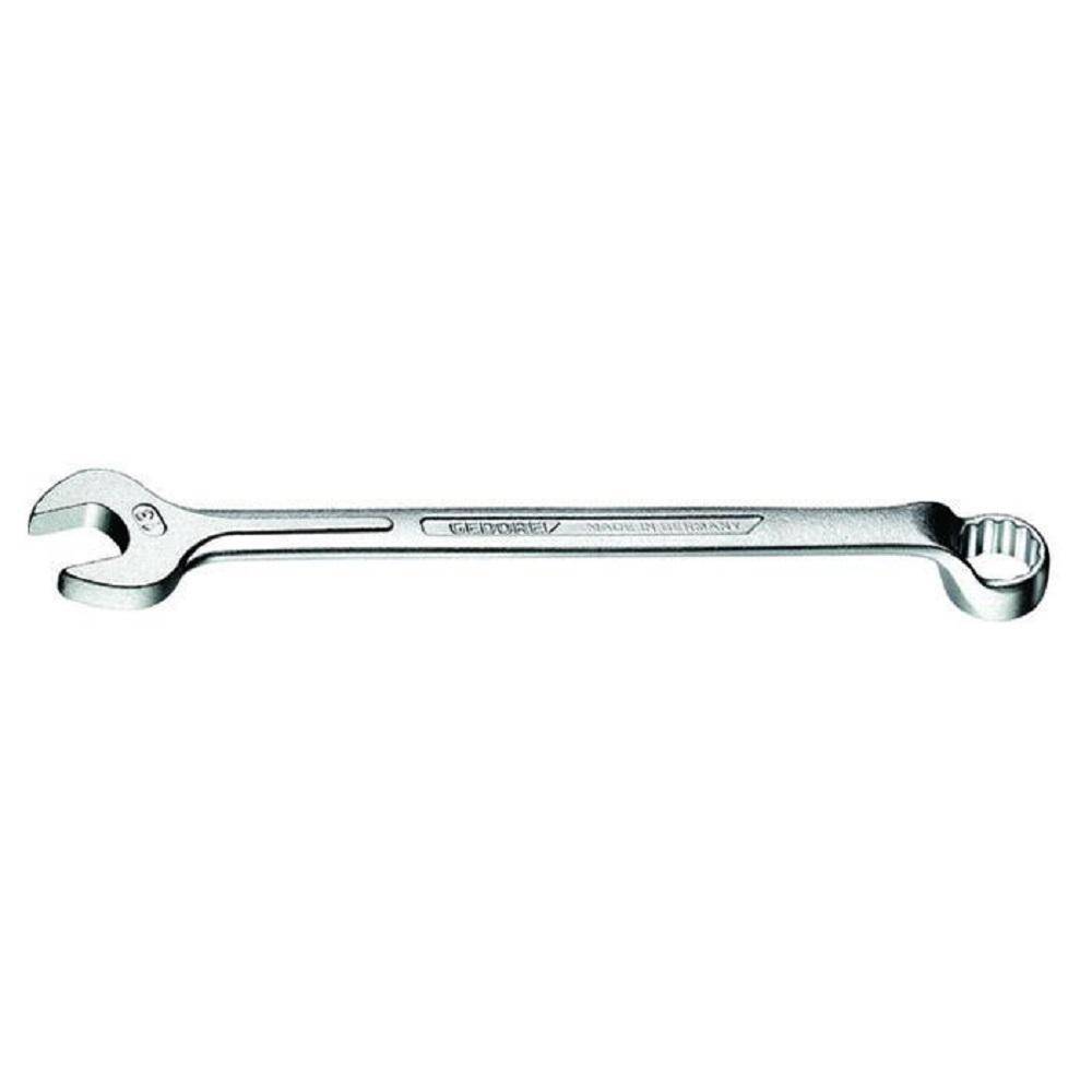 Ein Metallkombinationsschlüssel mit einem offenen Maulschlüssel auf der einen Seite und einem Ringschlüssel auf der anderen Seite, gezeigt vor weißem Hintergrund.
