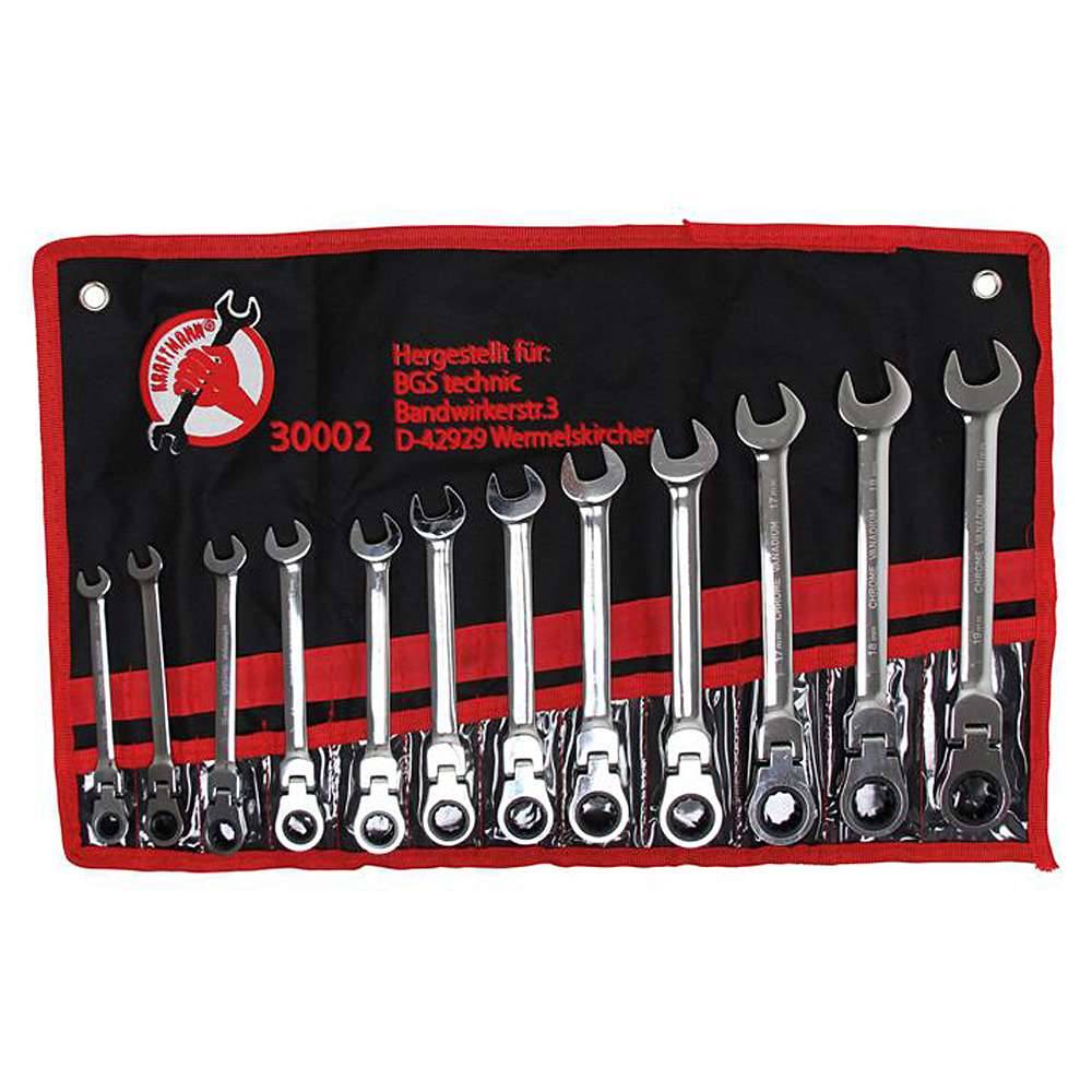Ratschenring-Maulschlüssel Satz - 180° schwenkbarer Ratschen-Ringkopf - 12-tlg.