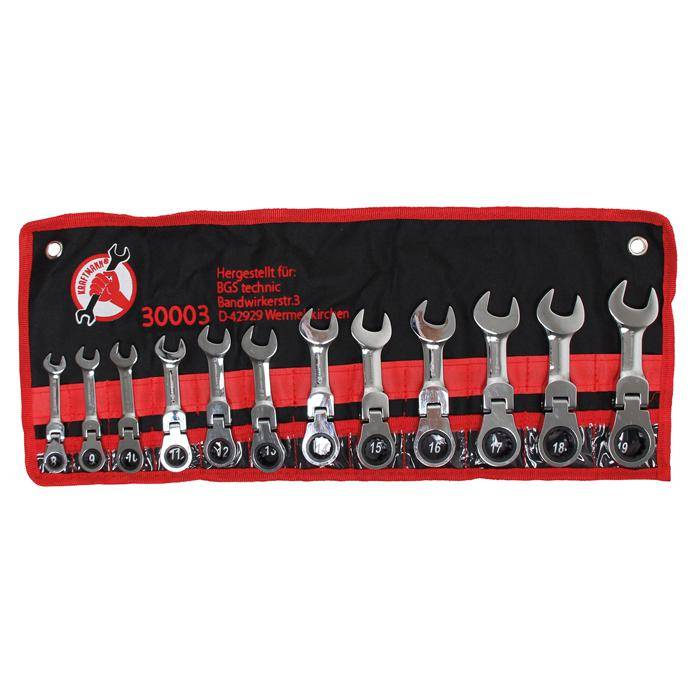 Ratschenring-Maulschlüssel Satz - 180° kippbarer Ratschen-Ringkopf - extra kurz - 12-tlg.