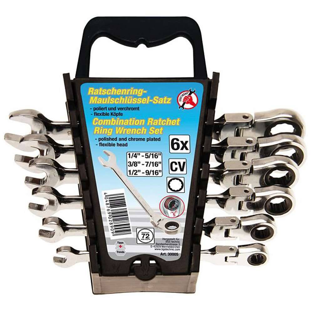 Maul-Ratschenringschlüssel Satz - in ZOLL Größen - flexible Köpfe - 6-tlg.